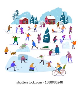  Set of people involved in the winter active lifestyle.People in the outdoor doing different winter activities. Vector set.