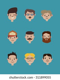 Set of people isolated on blue background. Different nationalities and dress styles. Cute and simple flat cartoon style.