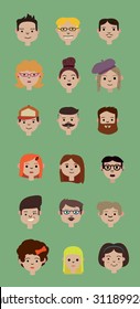 Set of people isolated on green background. Different nationalities and dress styles. Cute and simple flat cartoon style.