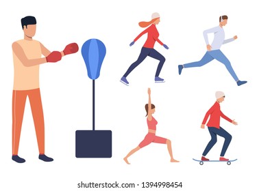 Set of people keeping active lifestyle. Group of men and women running, skating, doing yoga, boxing. Sport concept. Vector illustration can be used for topics like fitness, hobby, activity