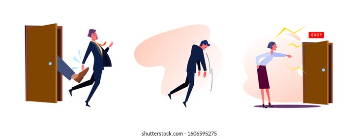 Set of people kicked out of work. Flat vector illustrations of man falling down, boss screaming and pointing on door. Career failure concept for banner, website design or landing web page
