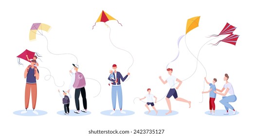 Set of people with kids flying kites outdoors. Father and son running and walking, holding flying wind toy in hands. Kite flying day. Flat style people vector illustration.