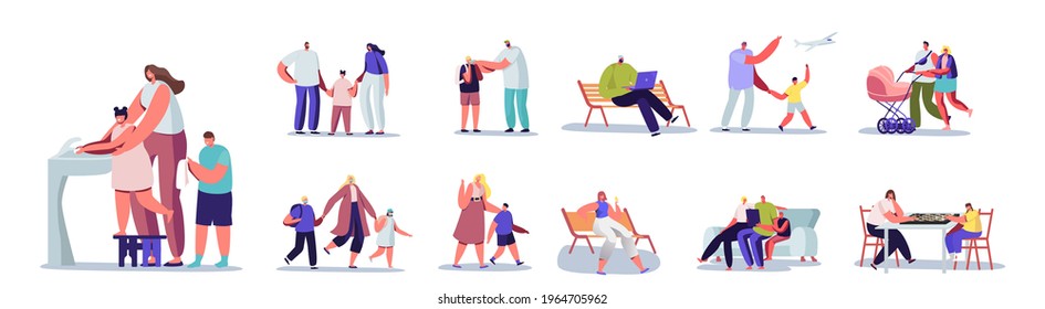 Set of People with Kids. Parents Male and Female Characters Spend Time with their Children. Mother, Father, Son or Daughter Happy Family Lifestyle, Newborn Baby, Toddlers. Cartoon Vector Illustration