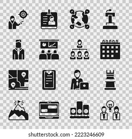 Set People with lamp bulb, Business strategy, Calendar, Location on the globe, Training, presentation, Worker, Marketing target and Hierarchy organogram chart icon. Vector