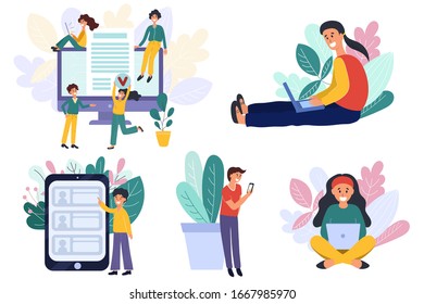 Set of people with laptop computers, tablets and mobile phones. Flat design characters learning, working, reading and chatting through internet. Collection of trendy vector illustrations for web desig