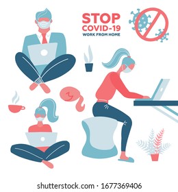 Set of people with laptops. Men and women in medical mask during Coronavirus quarantine working at different places at home. Self-quarantine concept. Prevent infection spreading. Vector flat.