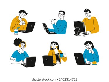 Set of people with laptops. Men and women are studying, holding online meetings. Online education. Vector linear illustration