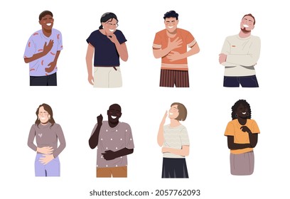 Set Of People Laughing Out Loud On White Background. Funny Laughter Of Happy Cheerful Men And Women. Joyful People With Positive Emotions. Flat Cartoon Vector Illustration