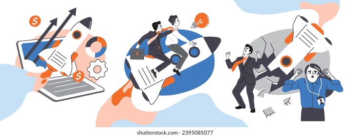 Set of people launching startup. Men and women entrepreneurs flying upward on rocket. Successful business development, investment and motivation. Cartoon flat vector collection isolated on background