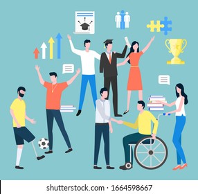 Set of people leading ordinary life and disabled person in community. Man sitting on wheelchair handshaking with boss or colleague. Male playing football, grad student with friends on prom vector