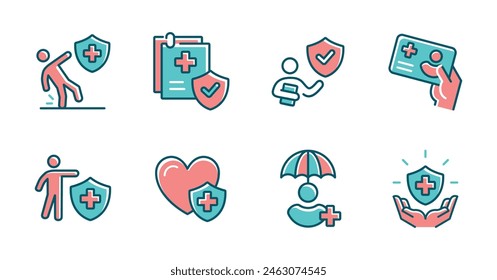 set of people life insurance icon set safety health assurance policy medical shield service vector illustration for web and app