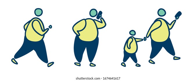 Set Of People Lifestyle Doodles. Adult Overweight And Obese People Walking, Talking, Holding Child By Hand, Looking At The Phone, Running, Exercising. Abstract Outlined Figures.