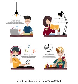 Set of People Lifestyle.Man sitting at a desk and working on the laptop,Young lady reading a book.Woman listening to music with white  headphones. Boy eating a big hamburger. Vector/Illustration