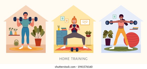 Set of people lifting dumbbell weights indoors. Home gym workout concept, flat style illustration.
