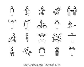 Conjunto de iconos de línea de personas. La persona caminando, corriendo, saltando, bailando. Ilustraciones vectoriales.