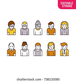 Set of people linear art style. Variants of colored icons of busts of men and women. Can be used for web design and mobile application. Vector illustration