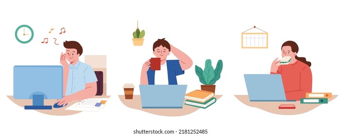 Set of people listening music, drinking coffee and eating lunch at desk in office. Flat vector illustrations of men and a woman having break at workplaces.