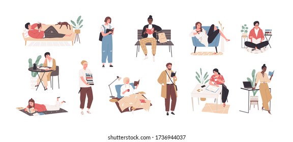 Set of people literature fans with books vector flat illustration. Collection of reading man and woman, students preparing to exam isolated on white background. Person book lovers and readers