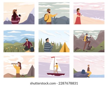 Set of people look into future vector flat illustration. People travel in nature, looking at sky horizons, clouds, stars set. Outdoor summer adventures