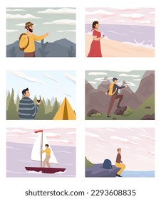Set of people look into future vector flat illustration. People travel in nature, looking at sky horizons, clouds, stars set. Outdoor summer adventures