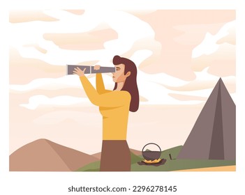 Set of people look into future vector flat illustration. People travel in nature, looking at sky horizons, clouds, stars set. Outdoor summer adventures