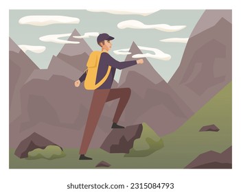 Set of people look into future vector flat illustration. People travel in nature, looking at sky horizons, clouds, stars set. Outdoor summer adventures