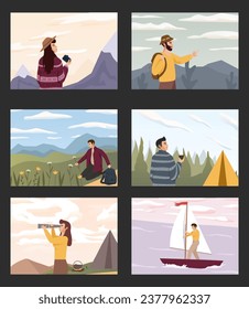 Set of people look into future vector flat illustration. People travel in nature, looking at sky horizons, clouds, stars set. Outdoor summer adventures