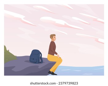 Set of people look into future vector flat illustration. People travel in nature, looking at sky horizons, clouds, stars set. Outdoor summer adventures