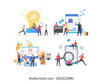 Set of people looking for discounts. Group of men and women shopping online. Sale concept. Vector illustration can be used for presentation slide, new project, commercial