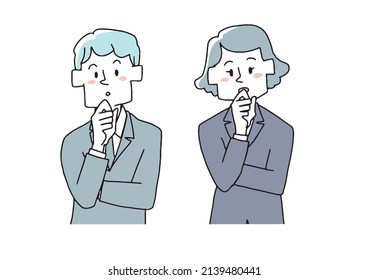 A Set Of People Looking Down And Thinking, Comical Handwritten Person Vector, Color On Line Drawing