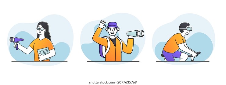 Set with people looking into future choosing direction of development. Concept of people searching for opportunities, decisions, new business ideas or staff. Flat cartoon vector illustration