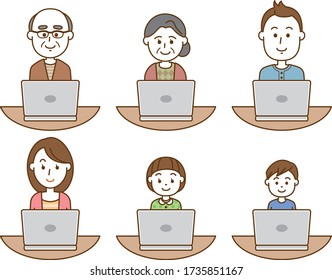 Set of people looking at laptop open