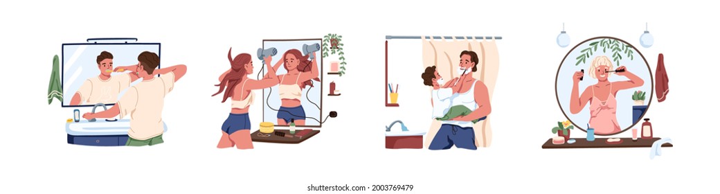 Set of people looking at mirror reflections in bathroom during daily hygiene routines. Men and women caring teeth, hair, doing makeup and shaving. Flat vector illustration isolated on white background