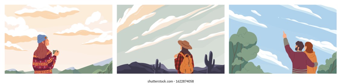 Set Of People Looking At Sky Colored Vector Illustration. Concept Of Opportunity Observation, Inspiration And Romantic. Backpacker Traveling Cartoon Composition