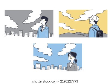 A set of people looking up at the sky A warm line drawing illustration that expresses a sense of openness and aspirations