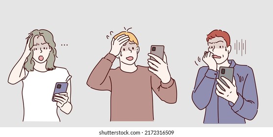 Set of people looking in smartphone with scared face expression. Hand drawn in thin line style, vector illustrations.