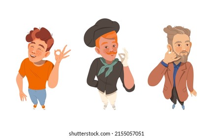 Gruppe von Leuten, die nach oben schauen. Blick von oben junge Männer mit Handgesten Cartoon Vektorgrafik