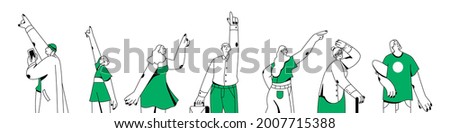 Set of people looking up and watching sth. Person indicating and pointing upward with index finger. Concept of searching and finding future goals. Flat vector illustration isolated on white background