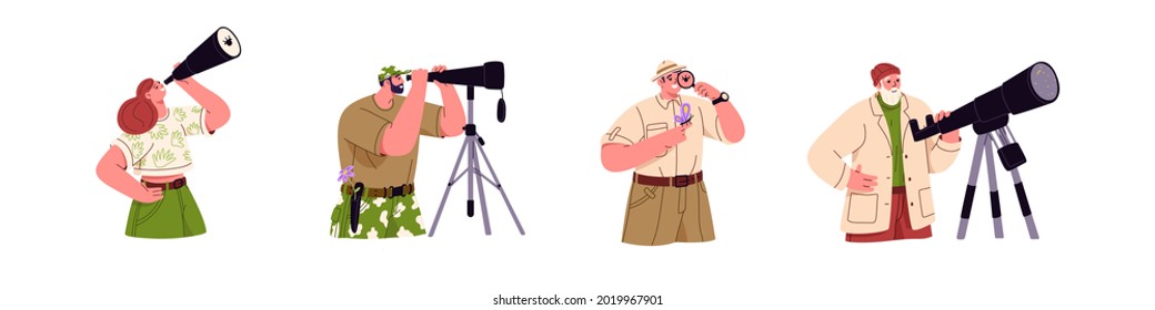 Set of people looking and watching through telescope, binoculars, spyglass and magnifying glass. Explorers observing nature and sky with lenses. Flat vector illustration isolated on white background.