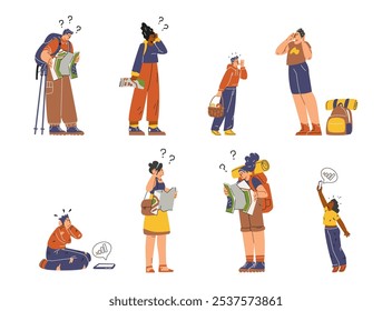 Conjunto de personas perdidas en el desierto. Hombres, mujeres, niños buscan la manera de usar un mapa. Turistas con mochilas en una caminata por el bosque. Los viajeros están buscando su ubicación. Ilustración vectorial.