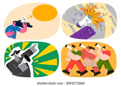 Set of people with loudspeakers scream shot attract attention to social issues. Collection of volunteers or activists with megaphones protest on march or demonstration together. Vector illustration. 