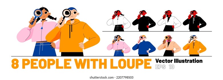 Set of people with loupe, male and female characters look through magnifying glass. Concept of information research, SEO, FAQ, query, investigation and studying, Line art flat vector illustration