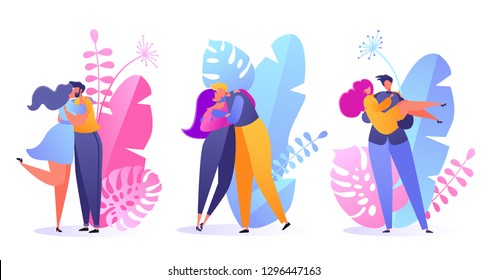 Set of people in love.  Valentine dating set. Romantic vector illustration on love story theme. Happy flat people character embrace and kiss. Lifestyle concept on Valentine Day theme. Network concept.