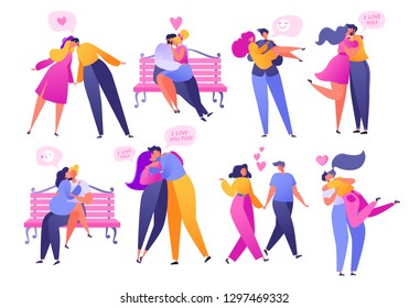 Set of people in love. Valentine dating set. Romantic vector illustration on love story theme. Happy flat people character embrace and kiss. Lifestyle concept on Valentine Day theme. Network concept.