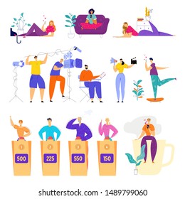 Set of People Loving Chatting by Mobile Phone, Movie Making Profession, Tv Show Quiz Game Participants Stand at Tribunes. Entertainment and Recreation Activity Leisure Cartoon Flat Vector Illustration