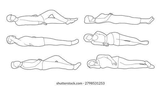 set of people lying down, resting side view for sleeping concept. doodle drawings outline illustration for architectural bedroom presentation. black minimalist continuous line art illustration.