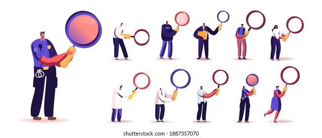 Set of People with Magnifying Glass. Tiny Male and Female Characters Holding Huge Magnifier for Information Research and Science Investigation Isolated on White Background. Cartoon Vector Illustration