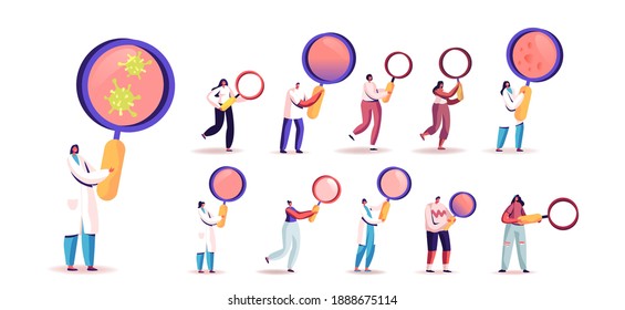 Set of People with Magnifying Glass. Tiny Male and Female Characters Holding Huge Magnifier for Information Research and Science Investigation Isolated on White Background. Cartoon Vector Illustration