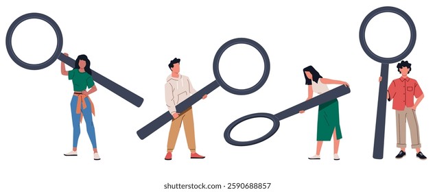 Set people with magnifying glasses. Searching information. Tiny men and women. Magnifier optical equipment. Zoom and research. Website objects. Cartoon flat style isolated vector illustration