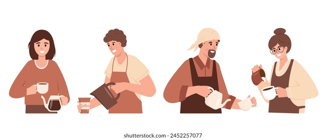 Set of people making Coffee. Male and female Barista characters working in coffee shop or cafe. Flat or cartoon Vector illustration isolated on white background.